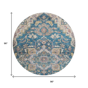 HomeRoots 8' Floral Medallion Round Rug in Blue, Gold & Rust – Washable, UV Protected, Ideal for High-Traffic Areas 664723