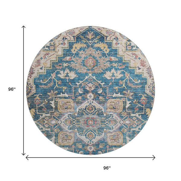HomeRoots 8' Floral Medallion Round Rug in Blue, Gold & Rust – Washable, UV Protected, Ideal for High-Traffic Areas 664723