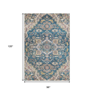 HomeRoots 8' X 10' Floral Medallion Area Rug in Blue, Gold & Rust - Washable, UV-Protected, Durable Design 664724