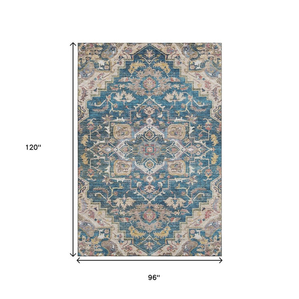 HomeRoots 8' X 10' Floral Medallion Area Rug in Blue, Gold & Rust - Washable, UV-Protected, Durable Design 664724