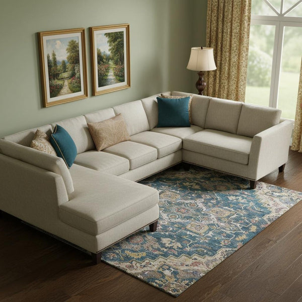HomeRoots 8' X 10' Floral Medallion Area Rug in Blue, Gold & Rust - Washable, UV-Protected, Durable Design 664724