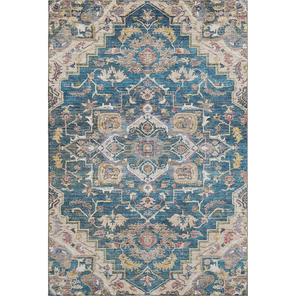 HomeRoots 8' X 10' Floral Medallion Area Rug in Blue, Gold & Rust - Washable, UV-Protected, Durable Design 664724