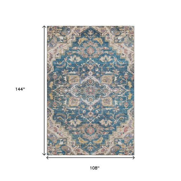 HomeRoots 9' X 12' Washable Floral Medallion Area Rug in Blue, Gold & Rust – Durable, Stain-Resistant, UV Protected 664725