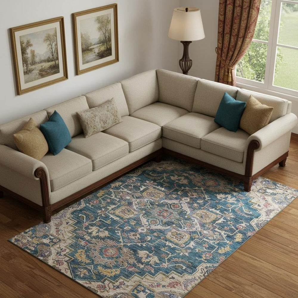 HomeRoots 9' X 12' Washable Floral Medallion Area Rug in Blue, Gold & Rust – Durable, Stain-Resistant, UV Protected 664725