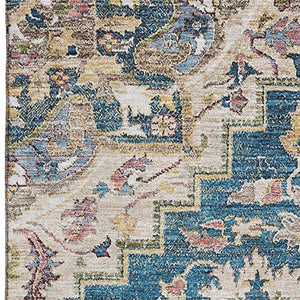 HomeRoots 9' X 12' Washable Floral Medallion Area Rug in Blue, Gold & Rust – Durable, Stain-Resistant, UV Protected 664725