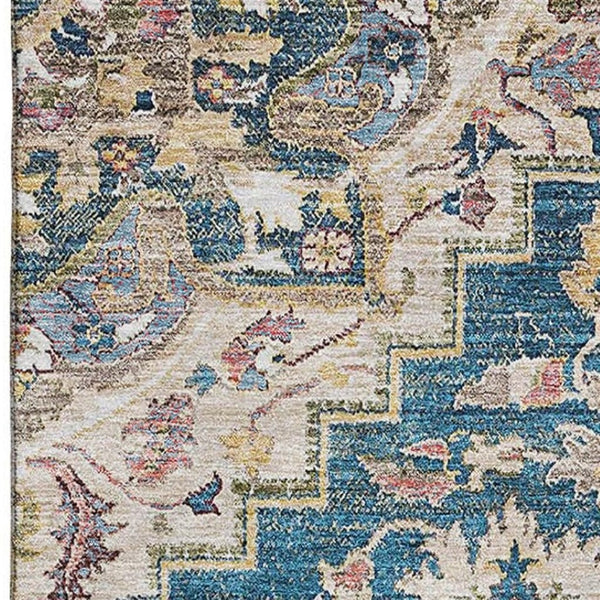 HomeRoots 9' X 12' Washable Floral Medallion Area Rug in Blue, Gold & Rust – Durable, Stain-Resistant, UV Protected 664725