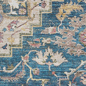 HomeRoots 10' X 14' Washable Floral Medallion Area Rug - Blue Gold Rust, UV Protected, Durable & Stylish! 664726