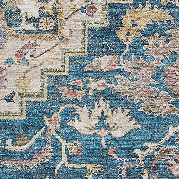 HomeRoots 10' X 14' Washable Floral Medallion Area Rug - Blue Gold Rust, UV Protected, Durable & Stylish! 664726