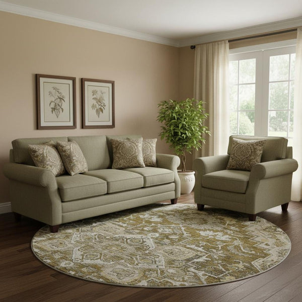 HomeRoots 8' Washable Round Floral Medallion Rug in Brown, Ivory & Taupe - UV Protected, Stain Resistant Design 664729