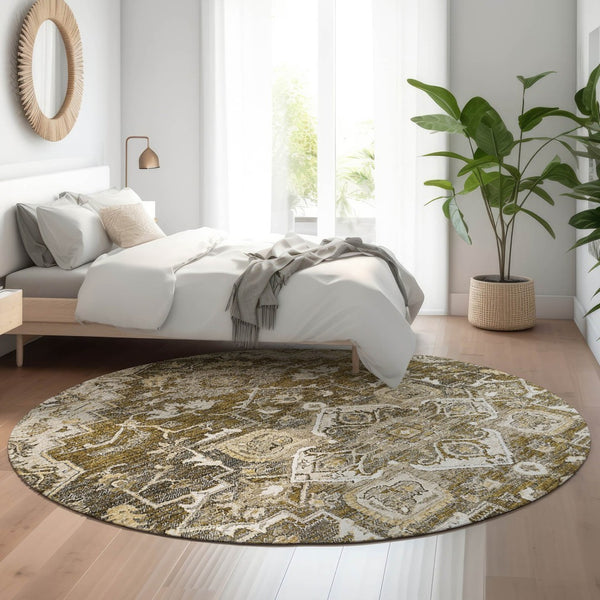 HomeRoots 8' Washable Round Floral Medallion Rug in Brown, Ivory & Taupe - UV Protected, Stain Resistant Design 664729