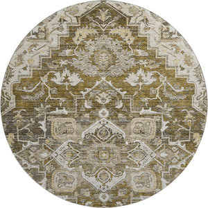 HomeRoots 8' Washable Round Floral Medallion Rug in Brown, Ivory & Taupe - UV Protected, Stain Resistant Design 664729