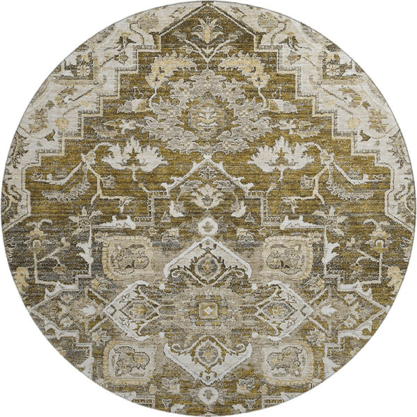 HomeRoots 8' Washable Round Floral Medallion Rug in Brown, Ivory & Taupe - UV Protected, Stain Resistant Design 664729