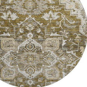 HomeRoots 8' Washable Round Floral Medallion Rug in Brown, Ivory & Taupe - UV Protected, Stain Resistant Design 664729