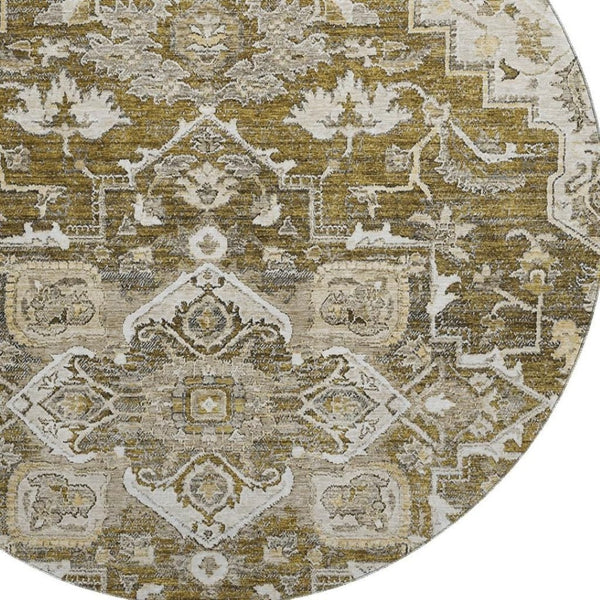 HomeRoots 8' Washable Round Floral Medallion Rug in Brown, Ivory & Taupe - UV Protected, Stain Resistant Design 664729