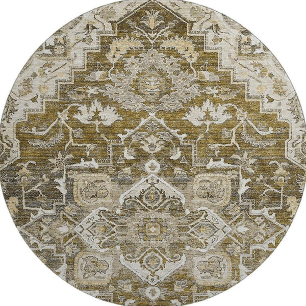 HomeRoots 8' Washable Round Floral Medallion Rug in Brown, Ivory & Taupe - UV Protected, Stain Resistant Design 664729