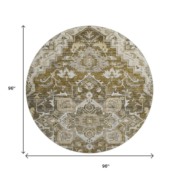 HomeRoots 8' Washable Round Floral Medallion Rug in Brown, Ivory & Taupe - UV Protected, Stain Resistant Design 664729
