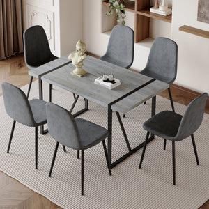 English Elm Table Set - Retro Minimalist Rectangular Dining Table With 6 Soft Chairs, Textured Top & Metal Legs W1151S03837-GIGA
