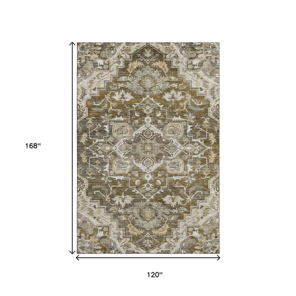 HomeRoots 10' Elegant Brown Ivory Taupe Floral Medallion Area Rug – Washable, Stain-Resistant, UV-Protected! 664732