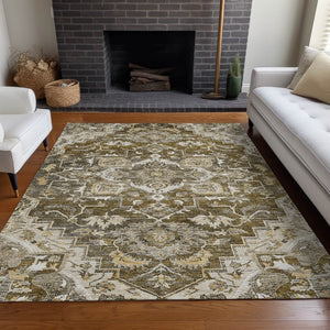 HomeRoots 10' Elegant Brown Ivory Taupe Floral Medallion Area Rug – Washable, Stain-Resistant, UV-Protected! 664732