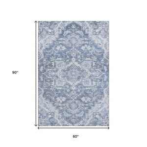 HomeRoots 5' X 8' Denim Blue Floral Medallion Area Rug - Durable, Washable, UV-Protected, Family-Friendly Design 664734