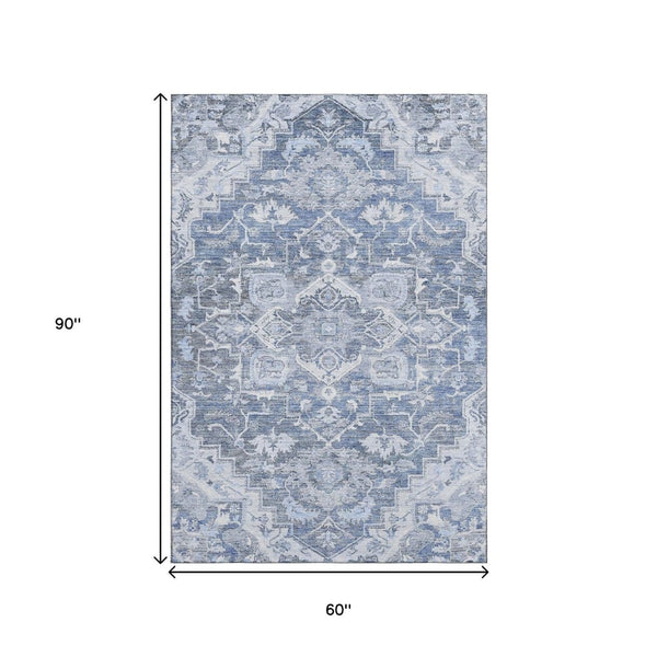 HomeRoots 5' X 8' Denim Blue Floral Medallion Area Rug - Durable, Washable, UV-Protected, Family-Friendly Design 664734