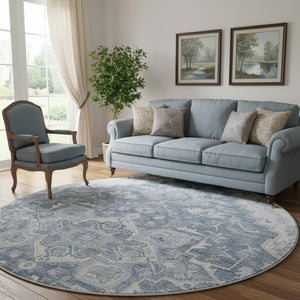 HomeRoots 8' Washable Denim Blue Floral Medallion Round Rug with UV Protection for High-Traffic Spaces 664735