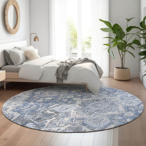HomeRoots 8' Washable Denim Blue Floral Medallion Round Rug with UV Protection for High-Traffic Spaces 664735