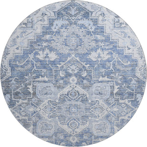 HomeRoots 8' Washable Denim Blue Floral Medallion Round Rug with UV Protection for High-Traffic Spaces 664735
