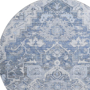 HomeRoots 8' Washable Denim Blue Floral Medallion Round Rug with UV Protection for High-Traffic Spaces 664735