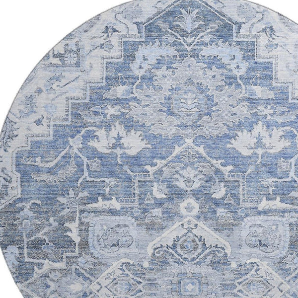 HomeRoots 8' Washable Denim Blue Floral Medallion Round Rug with UV Protection for High-Traffic Spaces 664735