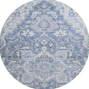 HomeRoots 8' Washable Denim Blue Floral Medallion Round Rug with UV Protection for High-Traffic Spaces 664735