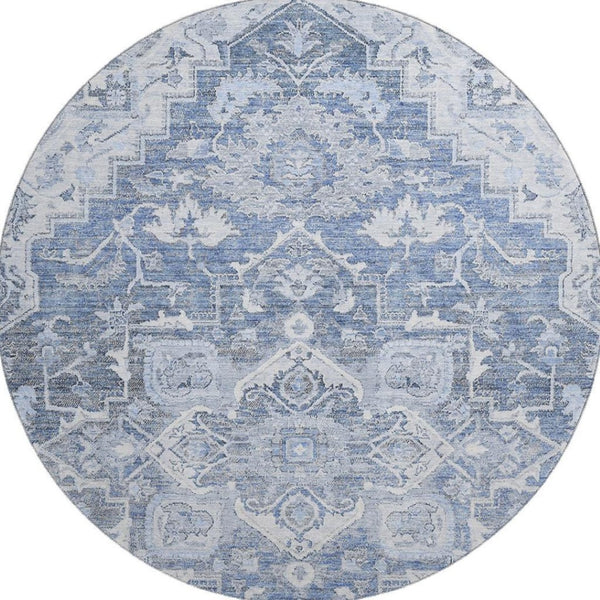 HomeRoots 8' Washable Denim Blue Floral Medallion Round Rug with UV Protection for High-Traffic Spaces 664735