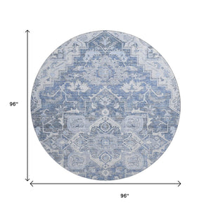 HomeRoots 8' Washable Denim Blue Floral Medallion Round Rug with UV Protection for High-Traffic Spaces 664735