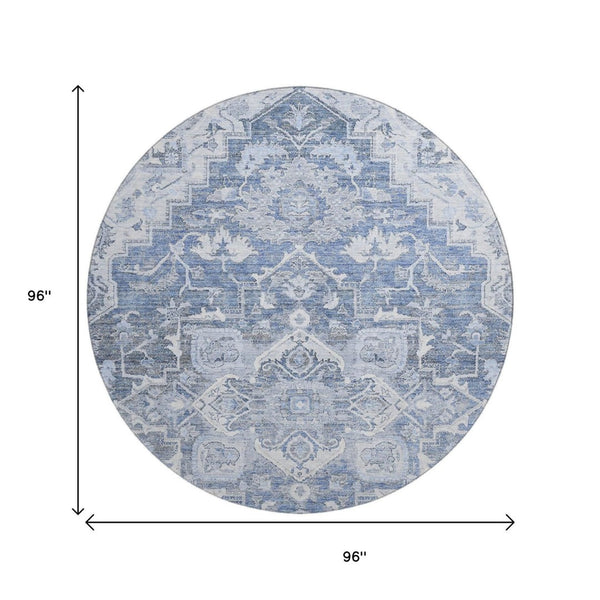 HomeRoots 8' Washable Denim Blue Floral Medallion Round Rug with UV Protection for High-Traffic Spaces 664735