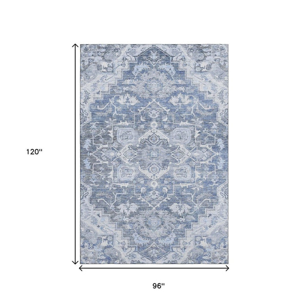 HomeRoots 8' X 10' Floral Medallion Area Rug in Denim Blue, Ivory & Gray - Washable, UV Protected & Stylish 664736