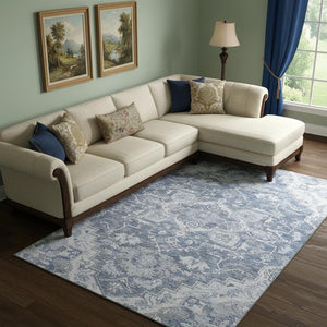HomeRoots 8' X 10' Floral Medallion Area Rug in Denim Blue, Ivory & Gray - Washable, UV Protected & Stylish 664736
