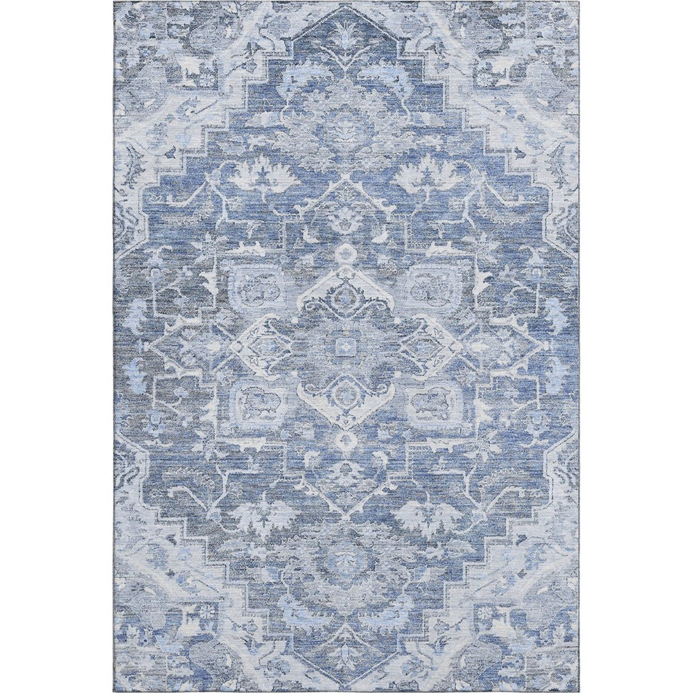 HomeRoots 8' X 10' Floral Medallion Area Rug in Denim Blue, Ivory & Gray - Washable, UV Protected & Stylish 664736