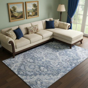 HomeRoots 9' X 12' Elegant Denim Blue Floral Medallion Area Rug – Stain Resistant, Washable & UV Protected! 664737