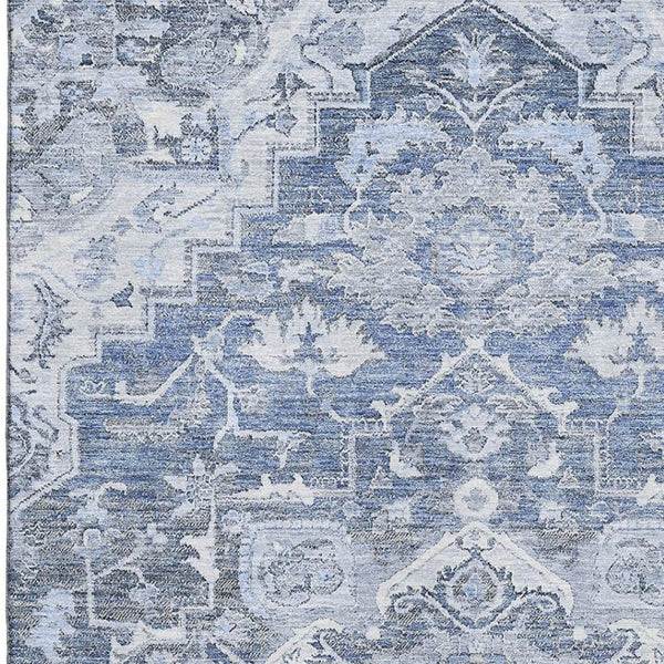 HomeRoots 9' X 12' Elegant Denim Blue Floral Medallion Area Rug – Stain Resistant, Washable & UV Protected! 664737