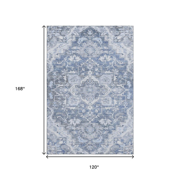 HomeRoots 10' X 14' Washable Denim Blue Floral Medallion Rug with UV Protection - Durable & Stain-Resistant! 664738