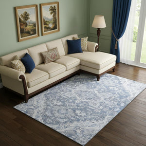 HomeRoots 10' X 14' Washable Denim Blue Floral Medallion Rug with UV Protection - Durable & Stain-Resistant! 664738