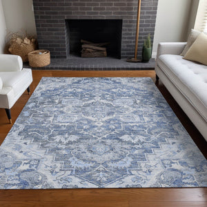 HomeRoots 10' X 14' Washable Denim Blue Floral Medallion Rug with UV Protection - Durable & Stain-Resistant! 664738