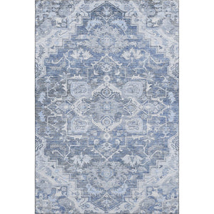 HomeRoots 10' X 14' Washable Denim Blue Floral Medallion Rug with UV Protection - Durable & Stain-Resistant! 664738