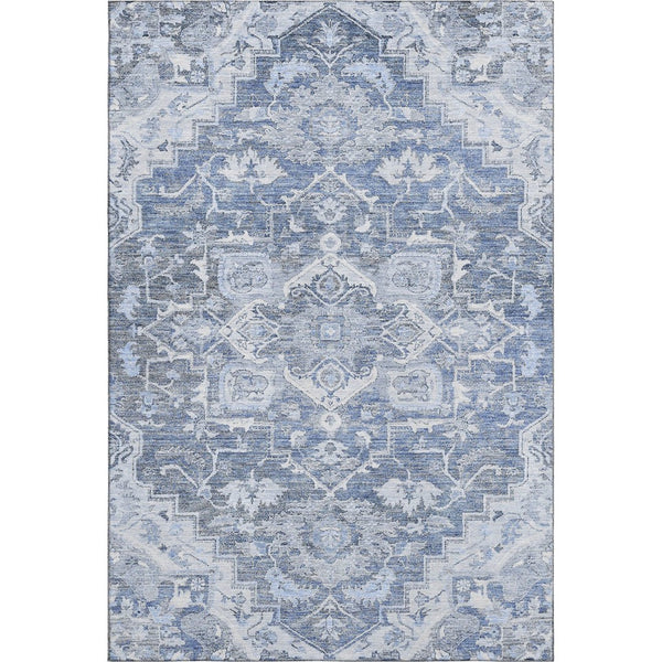 HomeRoots 10' X 14' Washable Denim Blue Floral Medallion Rug with UV Protection - Durable & Stain-Resistant! 664738
