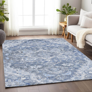 HomeRoots 10' X 14' Washable Denim Blue Floral Medallion Rug with UV Protection - Durable & Stain-Resistant! 664738