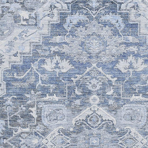 HomeRoots 10' X 14' Washable Denim Blue Floral Medallion Rug with UV Protection - Durable & Stain-Resistant! 664738