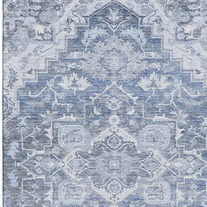 HomeRoots 10' X 14' Washable Denim Blue Floral Medallion Rug with UV Protection - Durable & Stain-Resistant! 664738