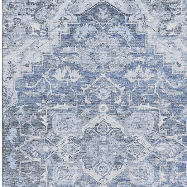 HomeRoots 10' X 14' Washable Denim Blue Floral Medallion Rug with UV Protection - Durable & Stain-Resistant! 664738