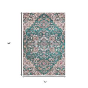 HomeRoots 5' X 8' Floral Medallion Rug in Emerald, Beige & Teal - Washable, UV Protected, Stain Resistant Design 664740