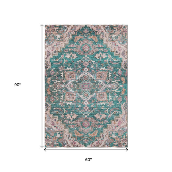 HomeRoots 5' X 8' Floral Medallion Rug in Emerald, Beige & Teal - Washable, UV Protected, Stain Resistant Design 664740